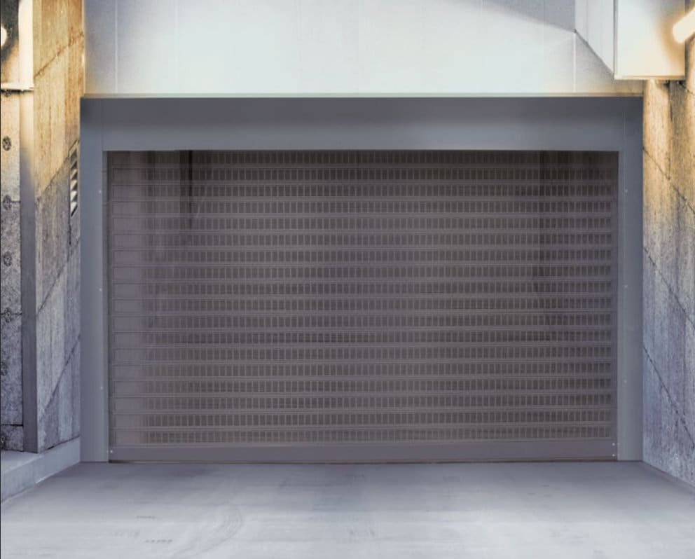 Parking garage spiral door in use, showing fast vehicle access