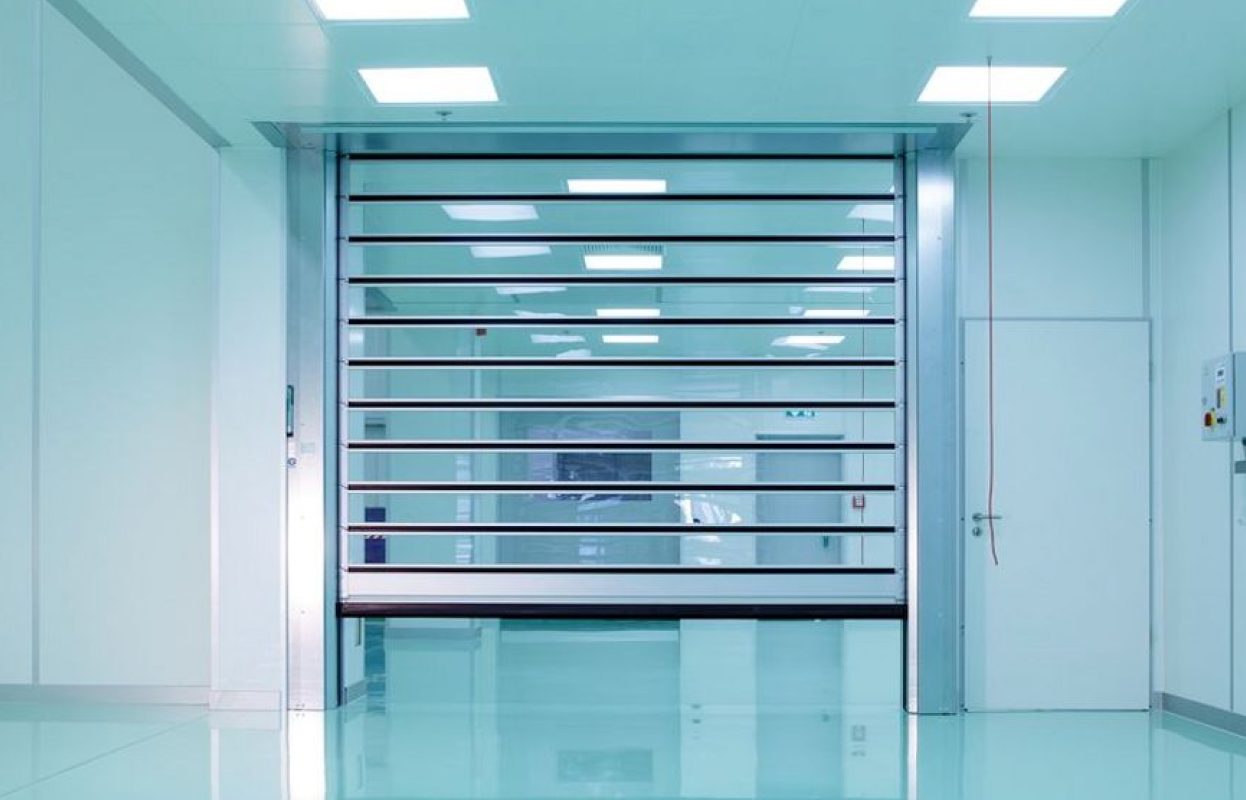 Spiral Cleanroom door in laboratory setting, hygienic separation with visibility